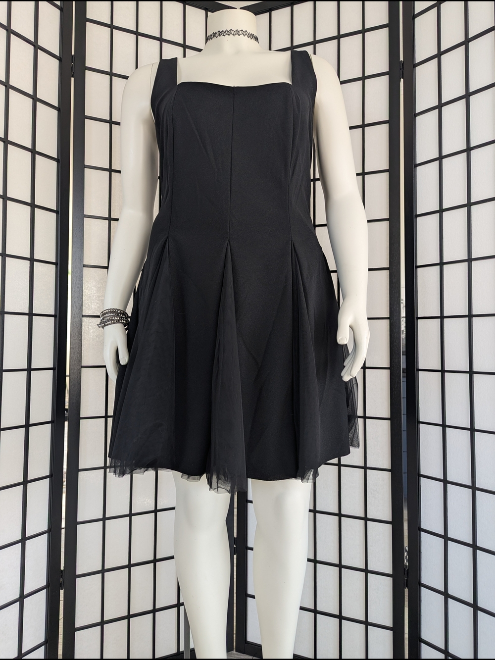 Cider Black Square-Neck Pleated Mini Dress